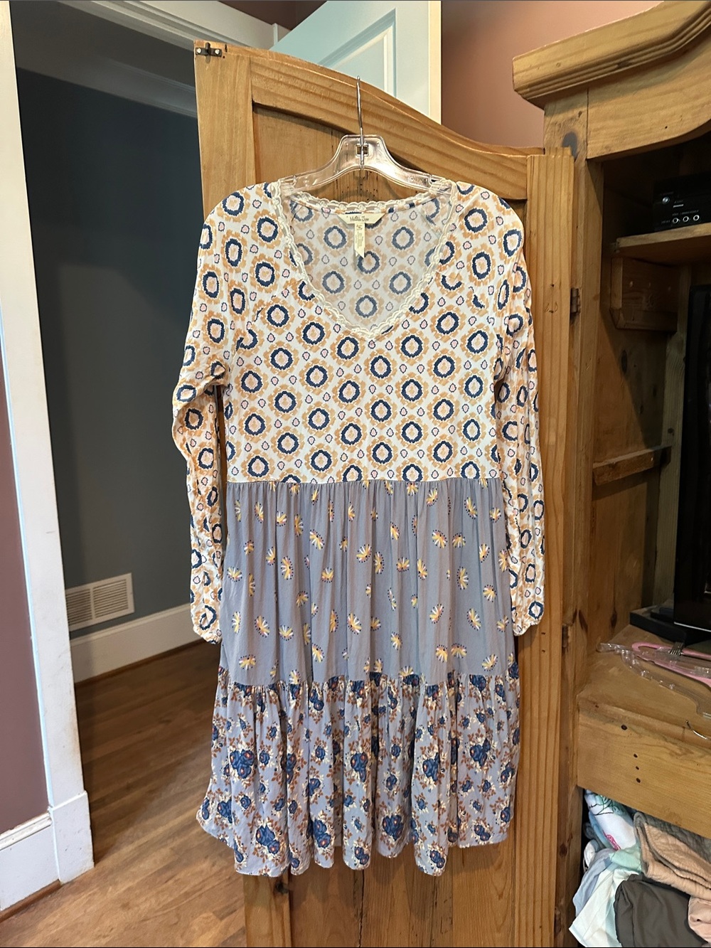 Matilda Jane Cream and Light Blue Mixed-Print Long Sleeve Dress